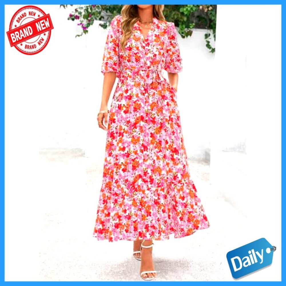 Floral Boho Maxi Dress with V-Neck and Puff Sleeves, Button Front, Tiered Skirt - Picture 2 of 7